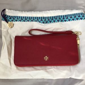 Tory Burch red wallet with gold hardware